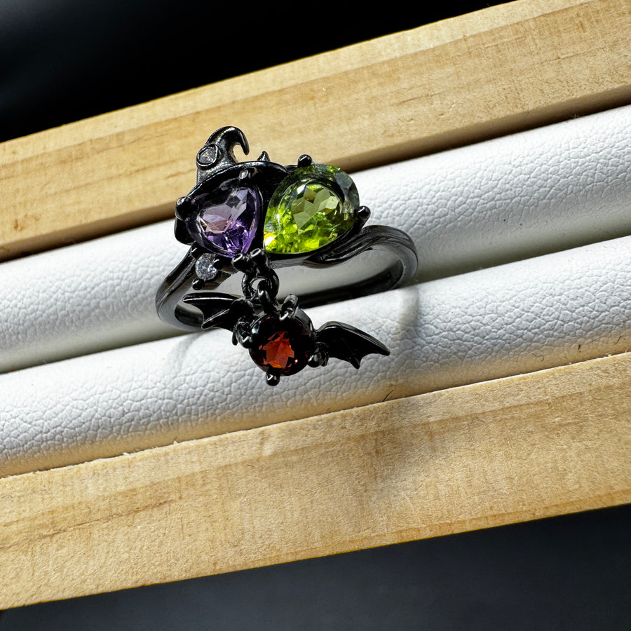 Garnet Amethyst and Peridot Witch S925 Halloween Ring