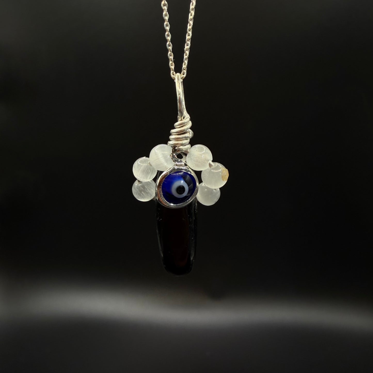 Protection Obsidian Selenite and Evil Eye Handmade S925 Necklace