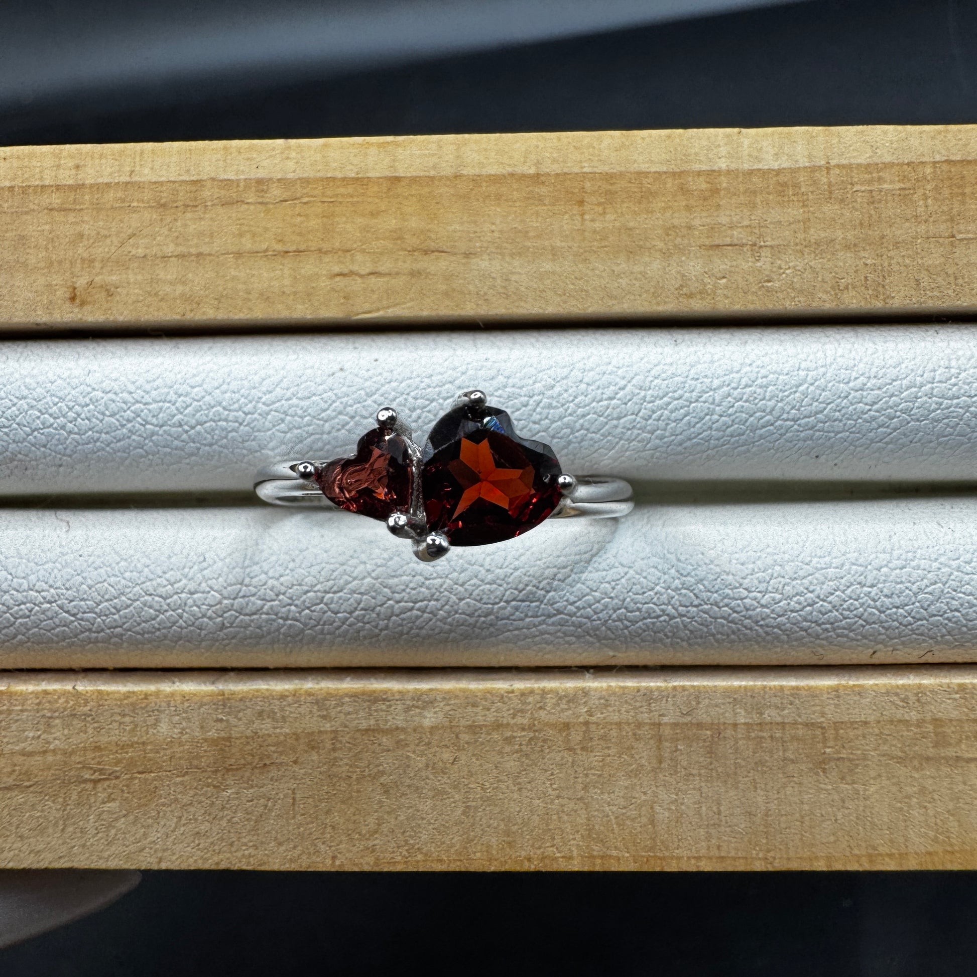 Garnet Double Heart S925 Adjustable Ring