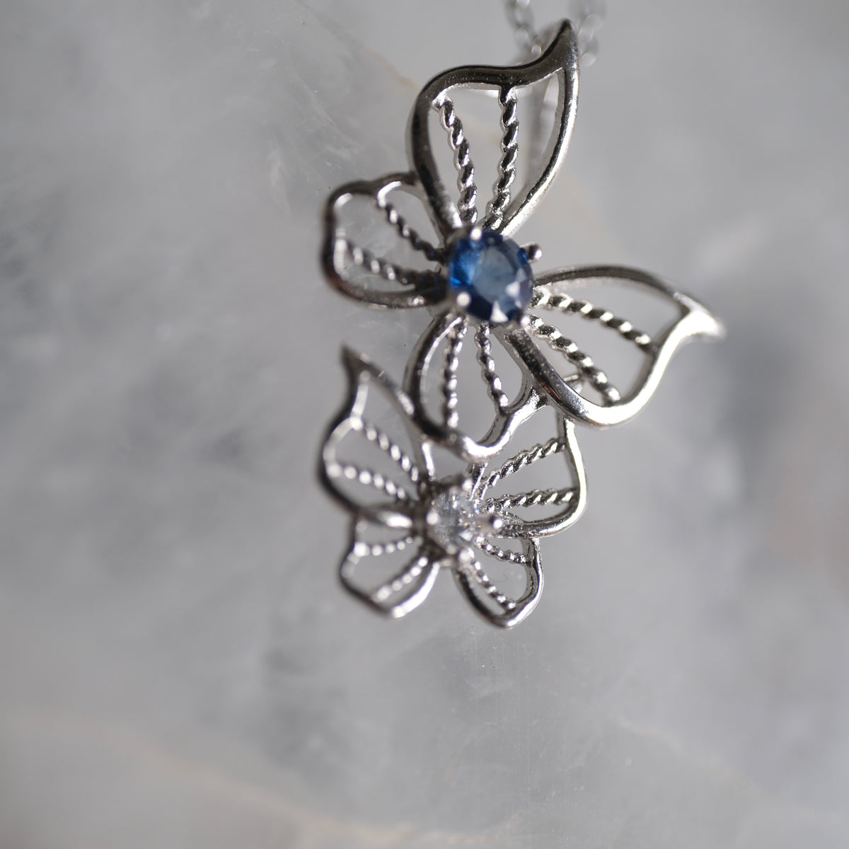Sapphire and Clear Quartz Butterfly S925 Necklace