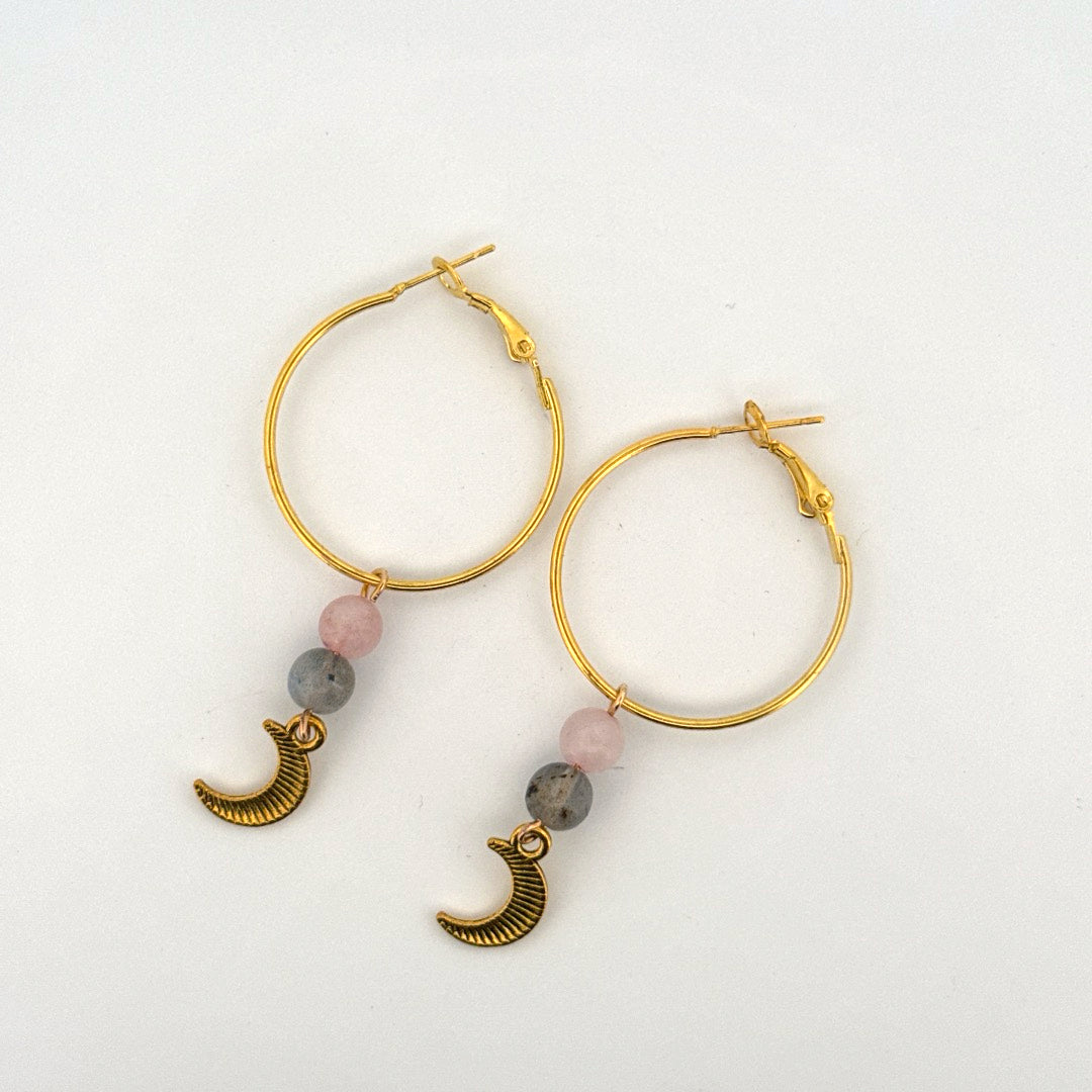 Rose Quartz and Labradorite Moon Handmade Hoop Earrings