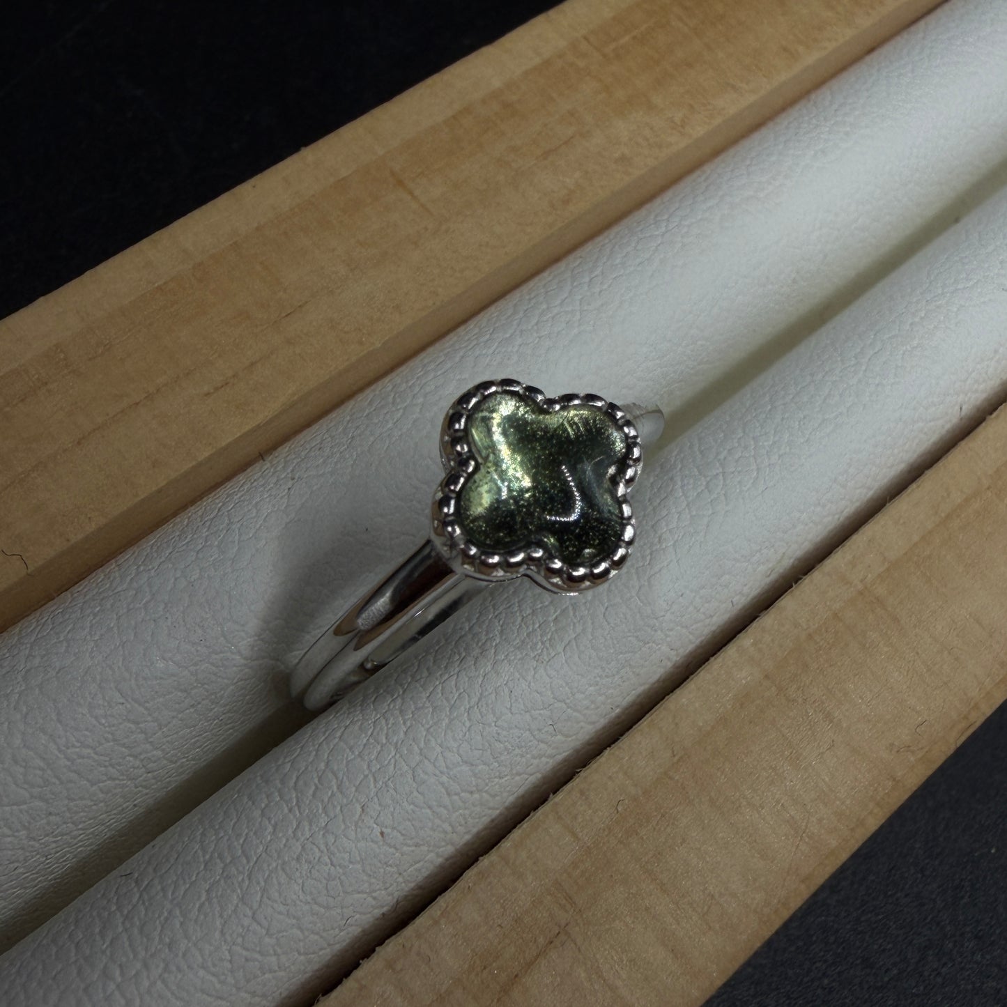 Moldavite Clover S925 Adjustable Certified Ring