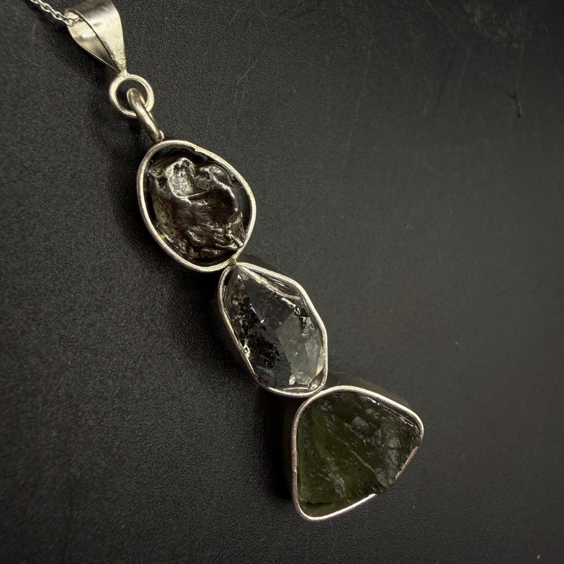 Moldavite Herkimer Diamond and Meteorite S925 Certified Necklace