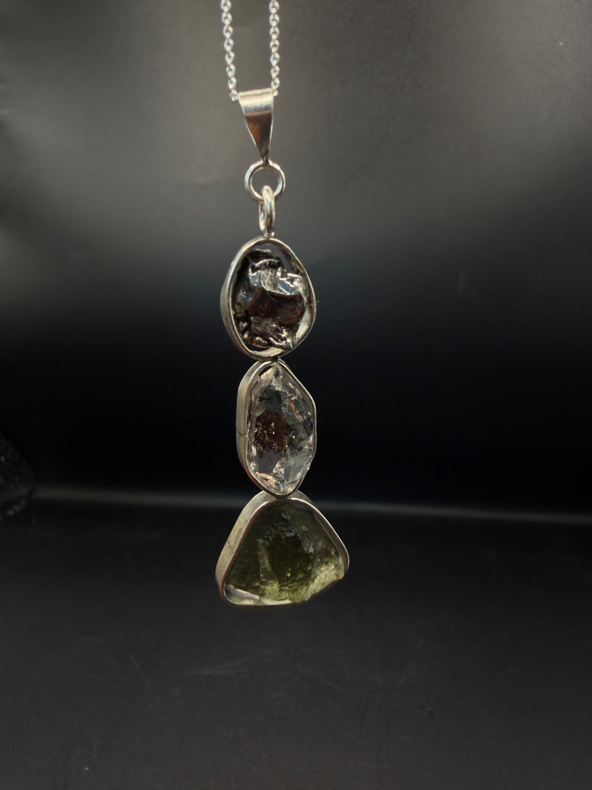 Moldavite Herkimer Diamond and Meteorite S925 Certified Necklace