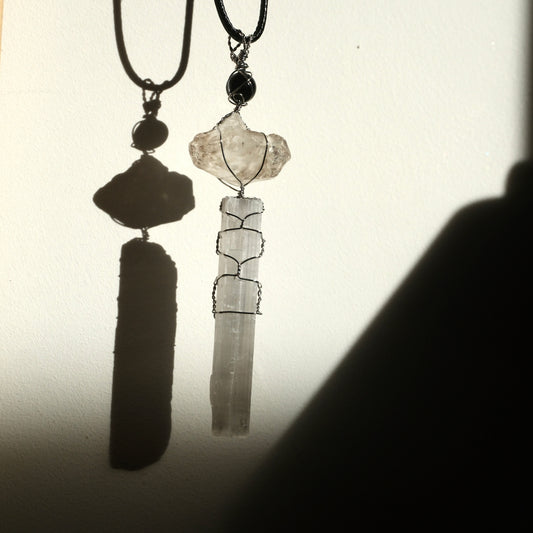 Handmade Selenite Elestial Quartz & Black Tourmaline Necklace ￼