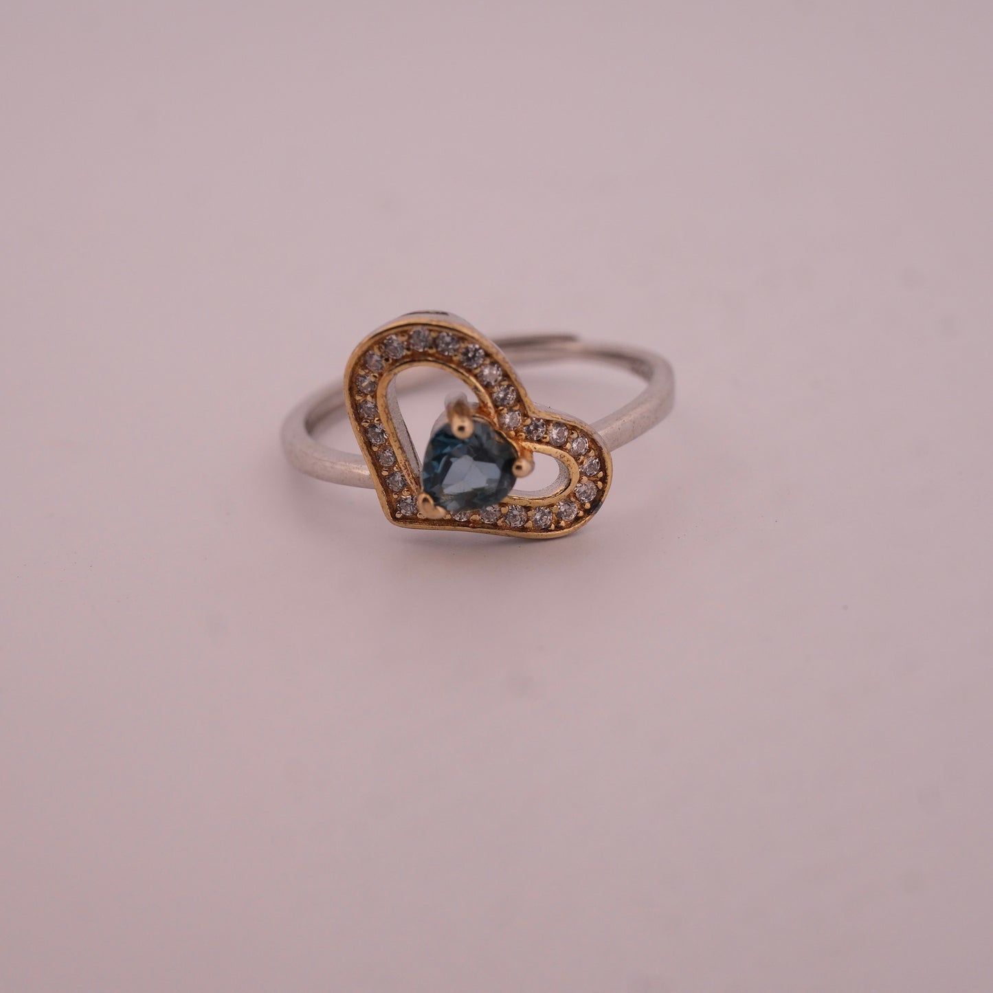 Gold and Silver Sapphire Heart S925 Adjustable Ring