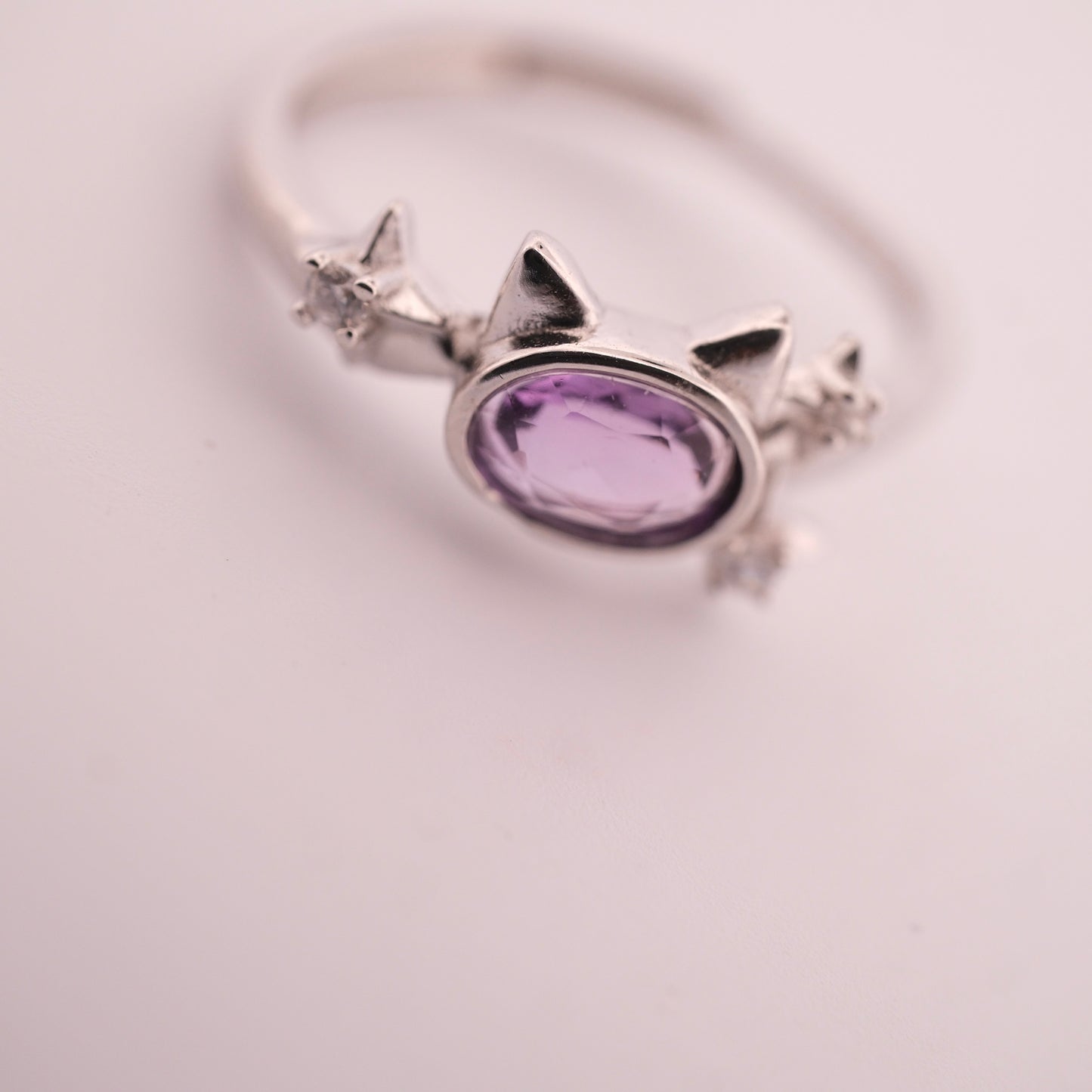 Amethyst Cat and Star S925 Adjustable Ring