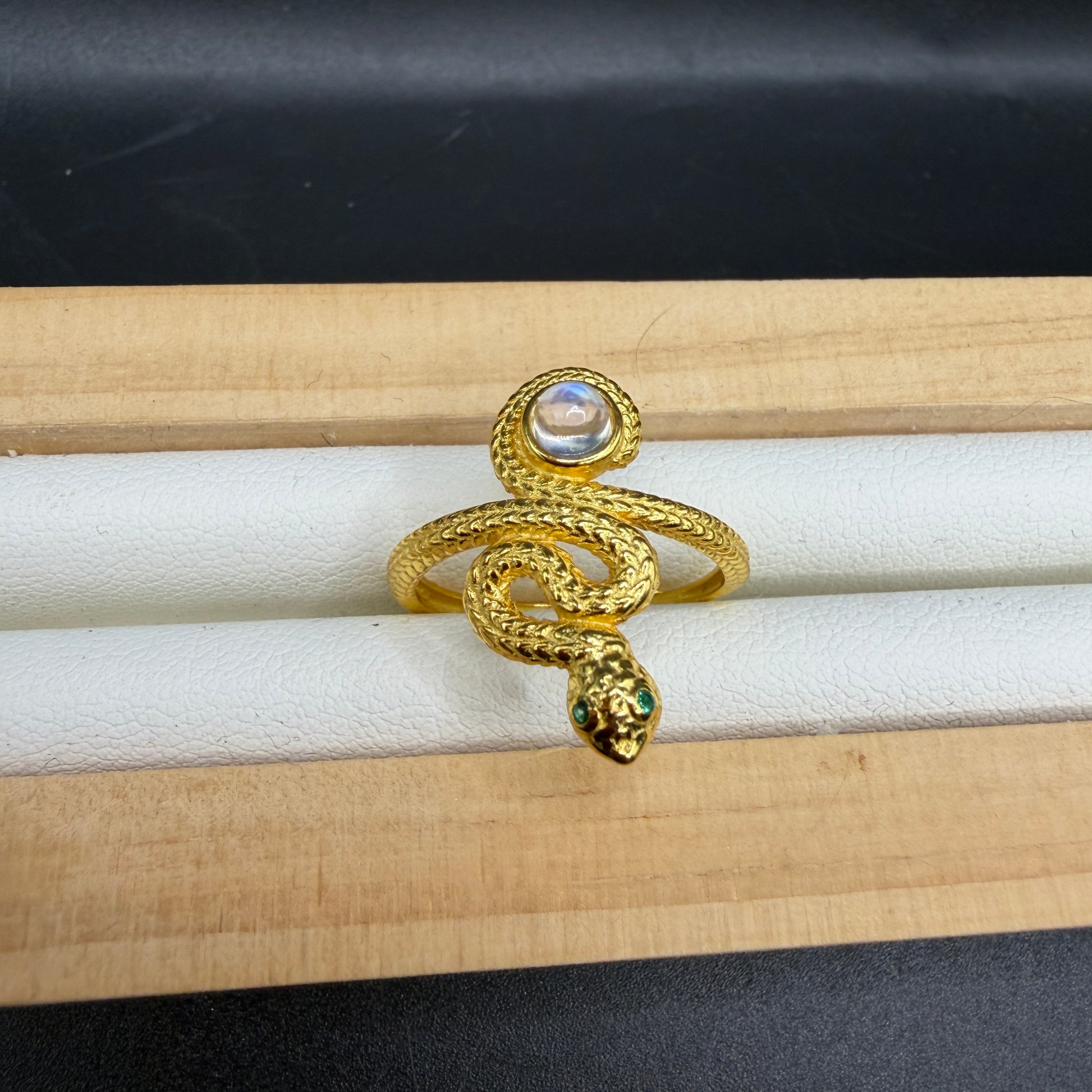 Moonstone Snake S925 Adjustable Gold Played Ring