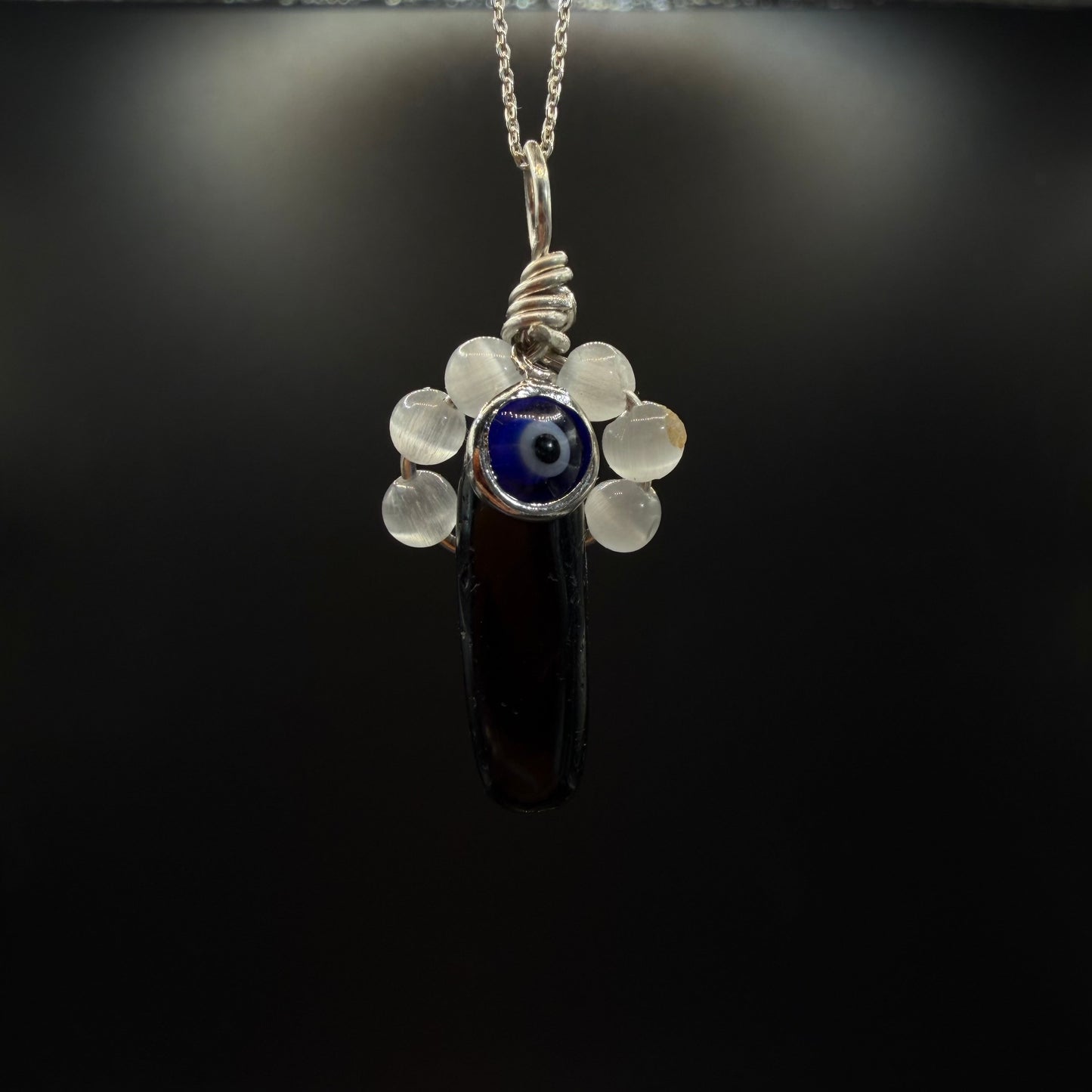Protection Obsidian Selenite and Evil Eye Handmade S925 Necklace