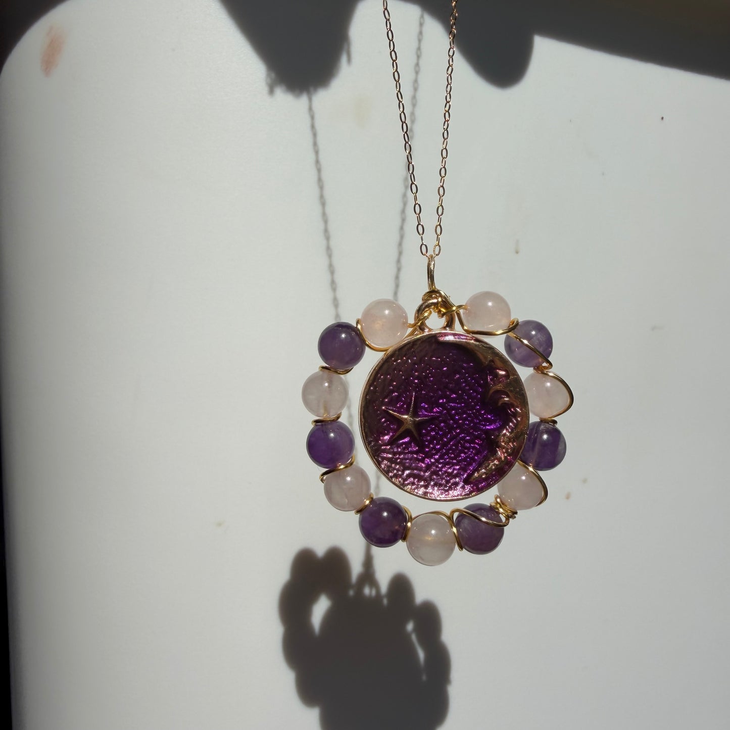 Moon Child Rose Quartz and Amethyst Handmade Necklace