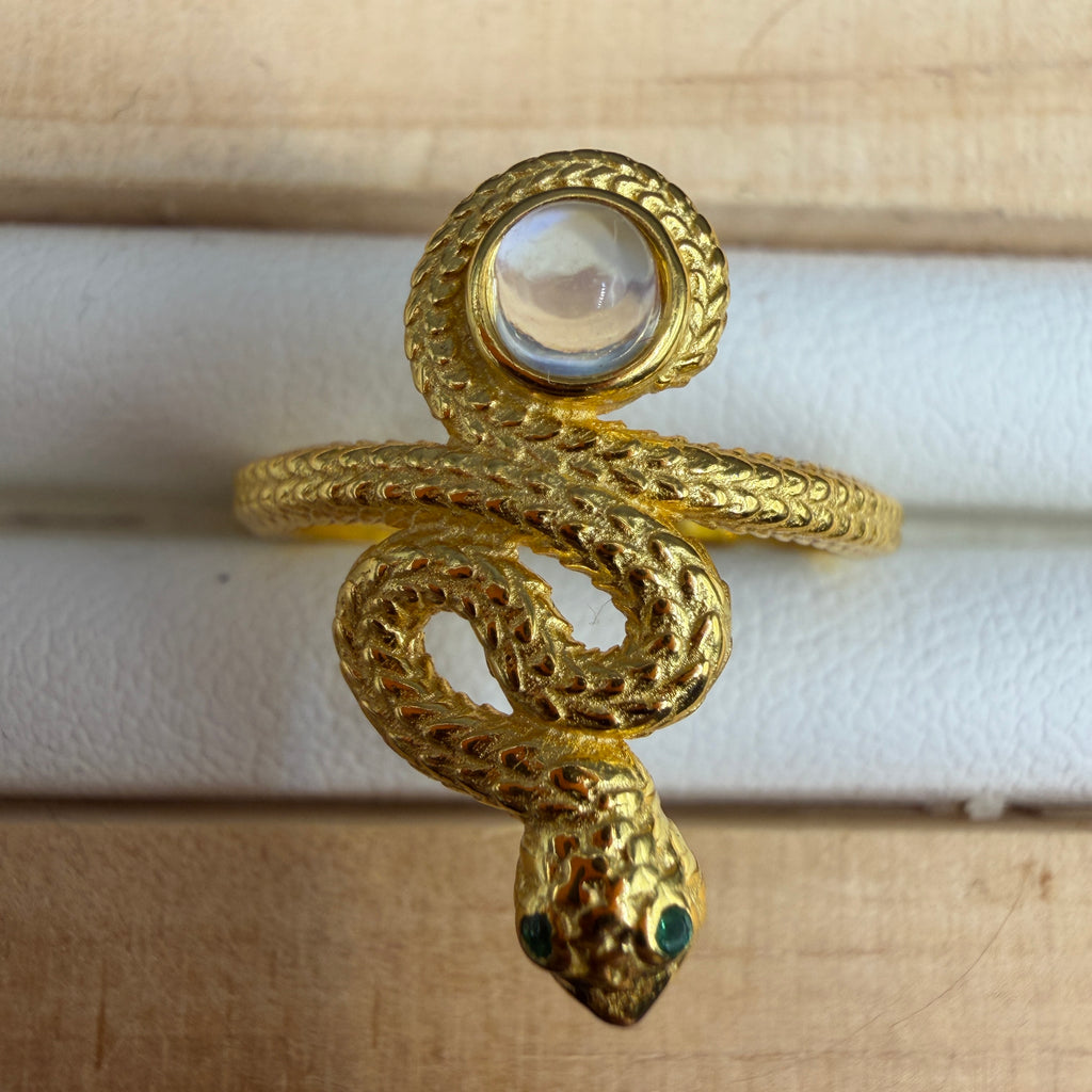Moonstone Snake S925 Adjustable Gold Played Ring