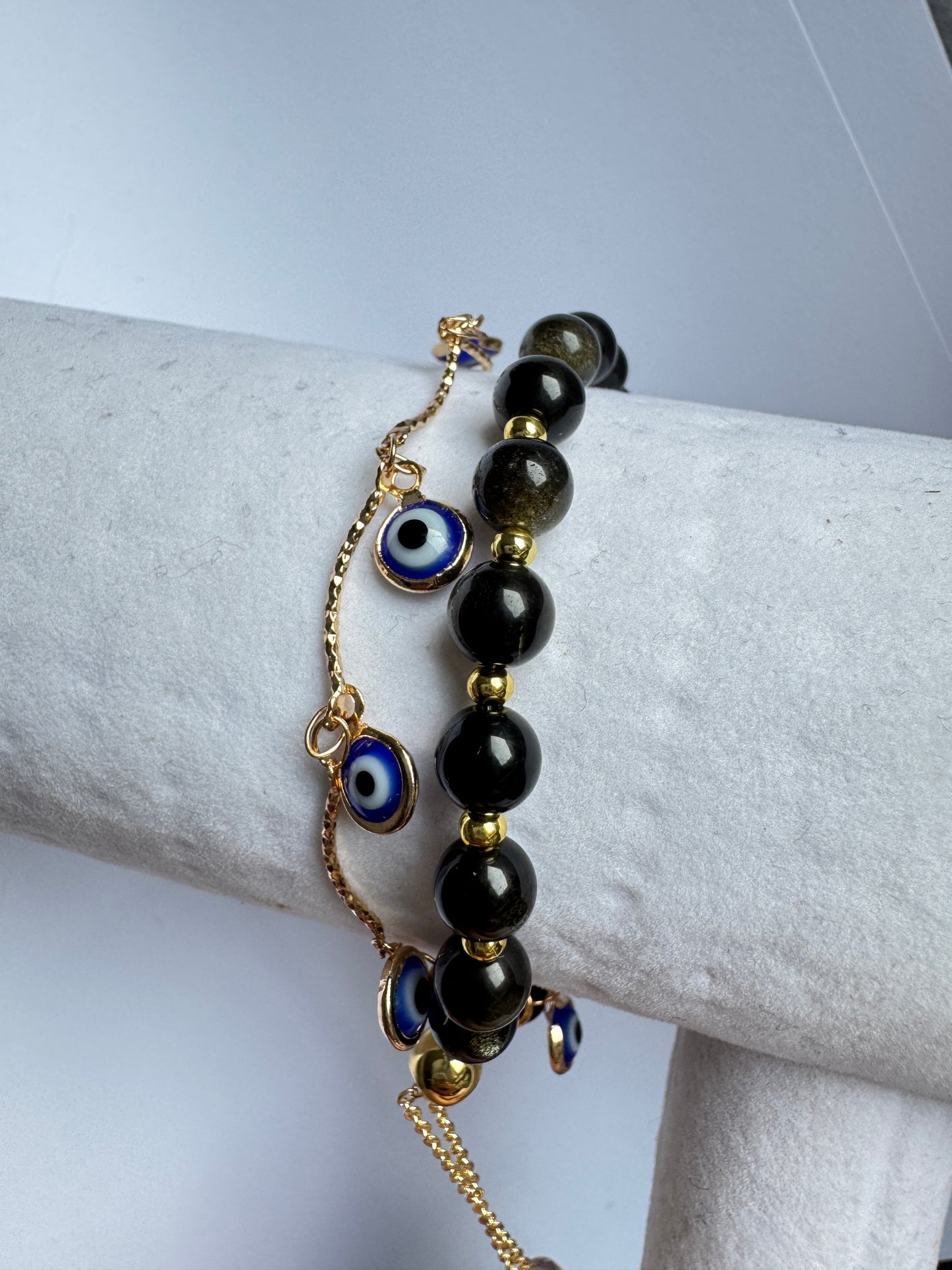 Golden Sheen Obsidian Evil Eye Double Bracelet