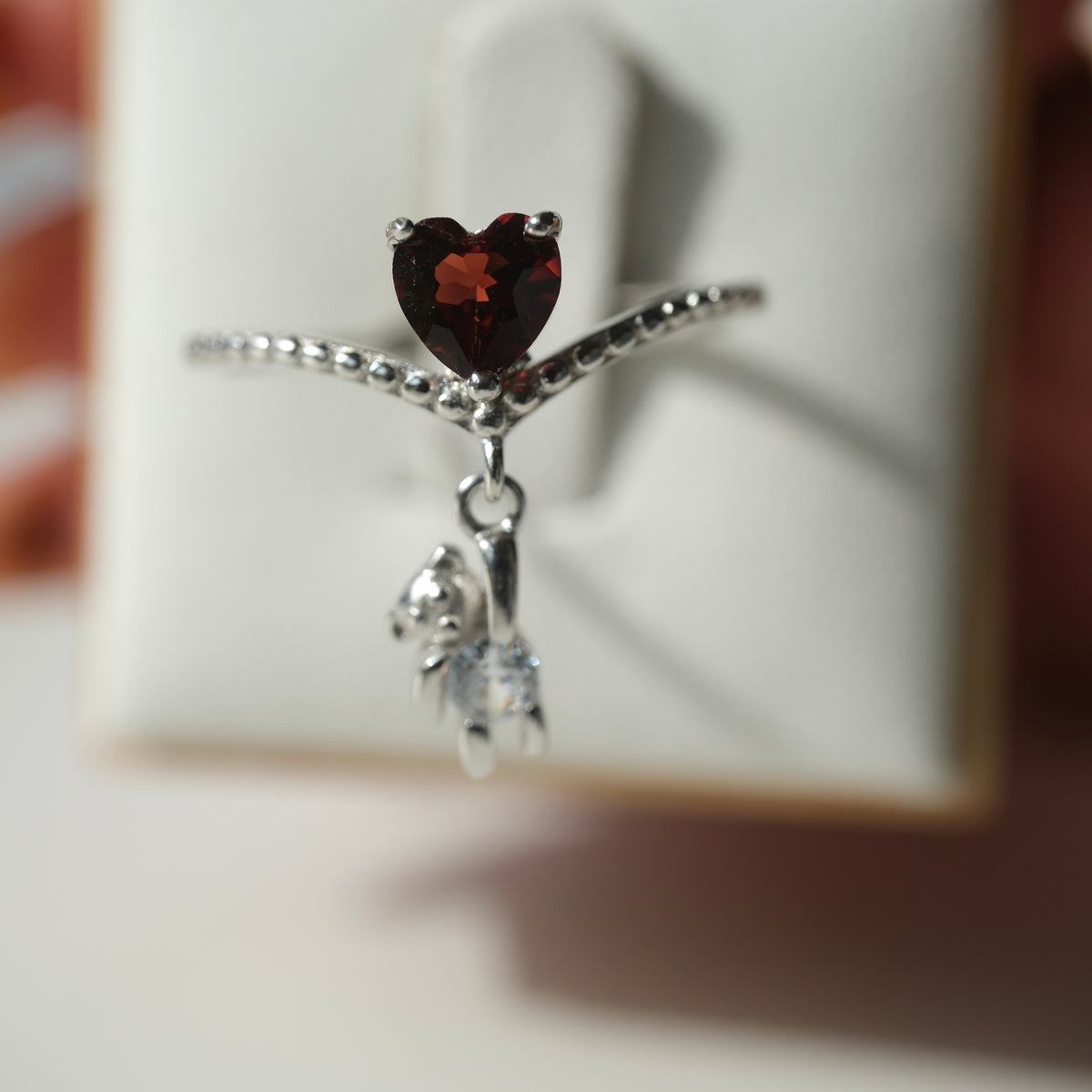 Garnet Heart & Text Teddy S925 Adjustable Ring • Courage • Passion • Confidence