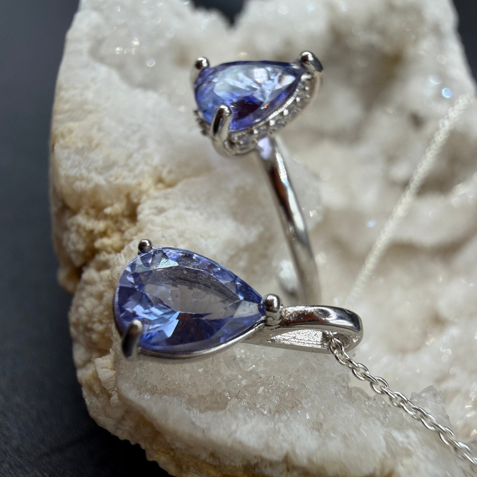 Tanzanite Teardrop Ring and Necklace S925 Certified Set