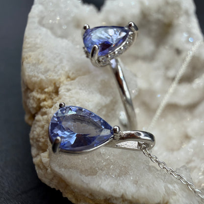 Tanzanite Teardrop Ring and Necklace S925 Certified Set
