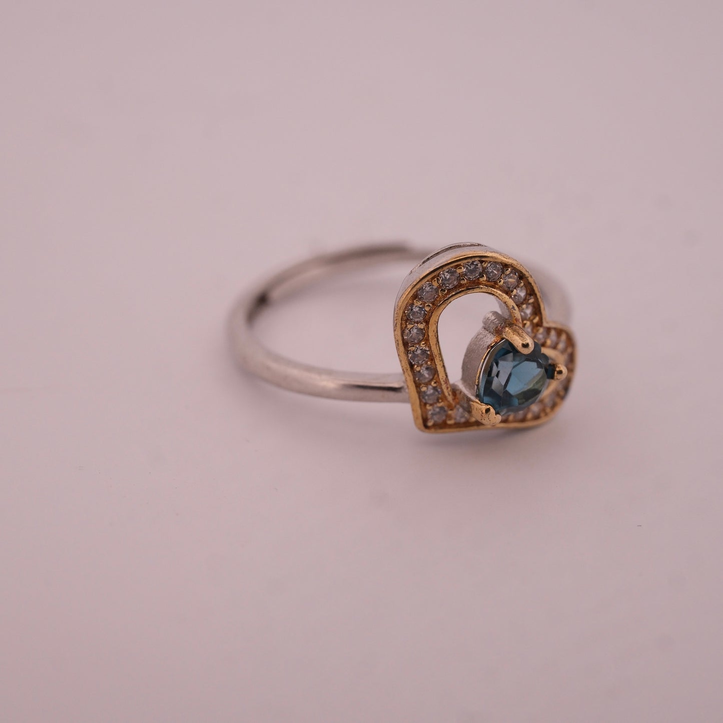Gold and Silver Sapphire Heart S925 Adjustable Ring