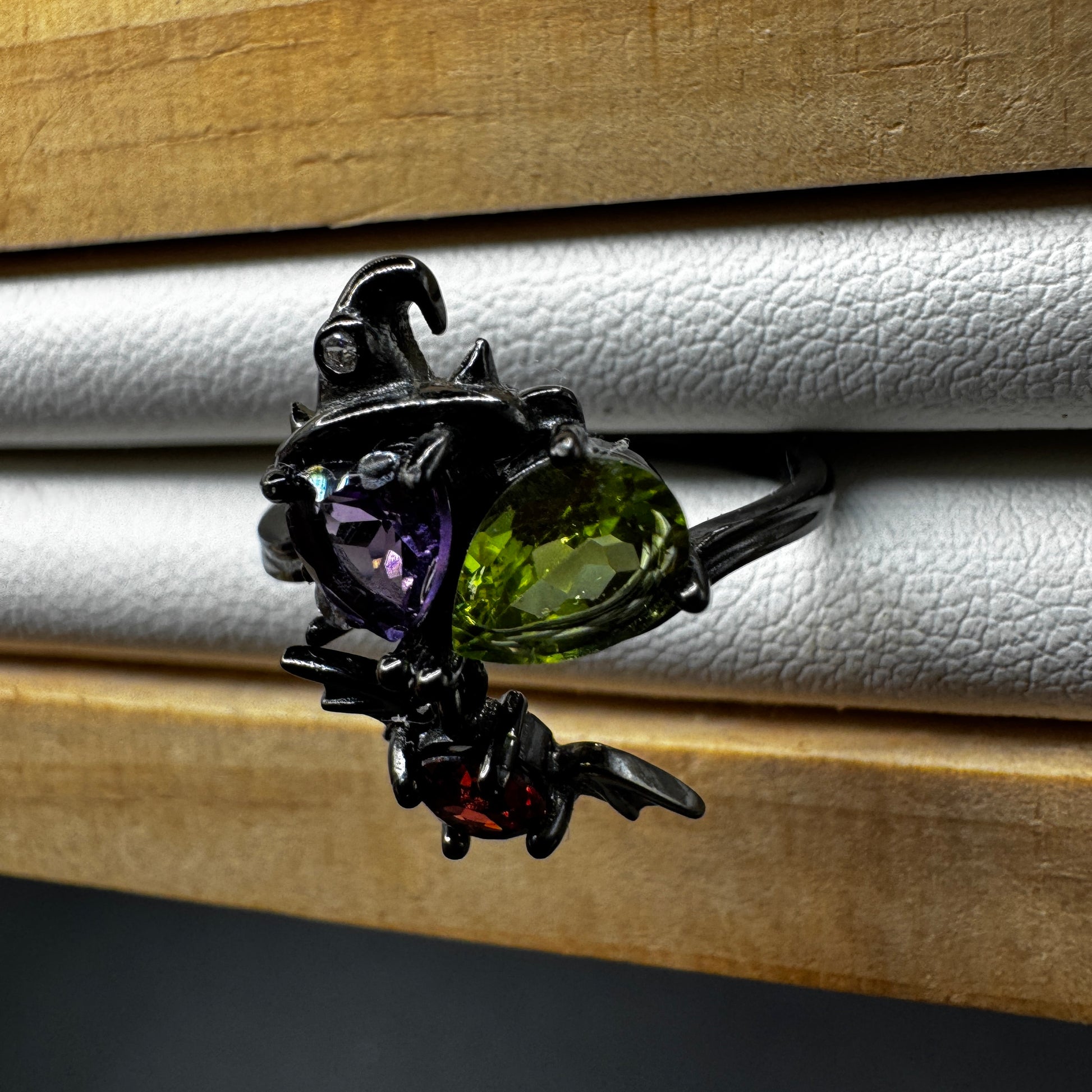 Garnet Amethyst and Peridot Witch S925 Halloween Ring