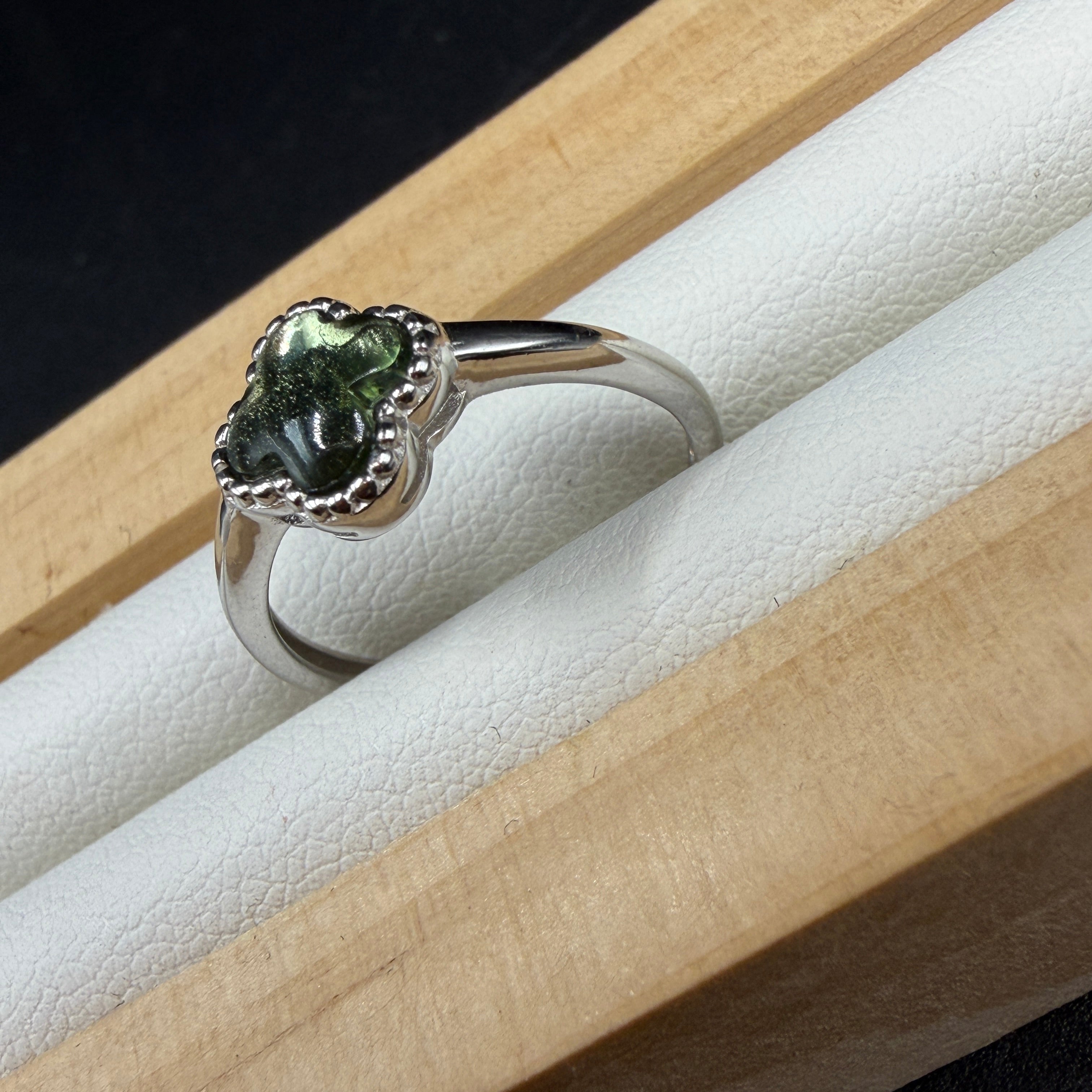 Moldavite Clover S925 Adjustable Certified Ring
