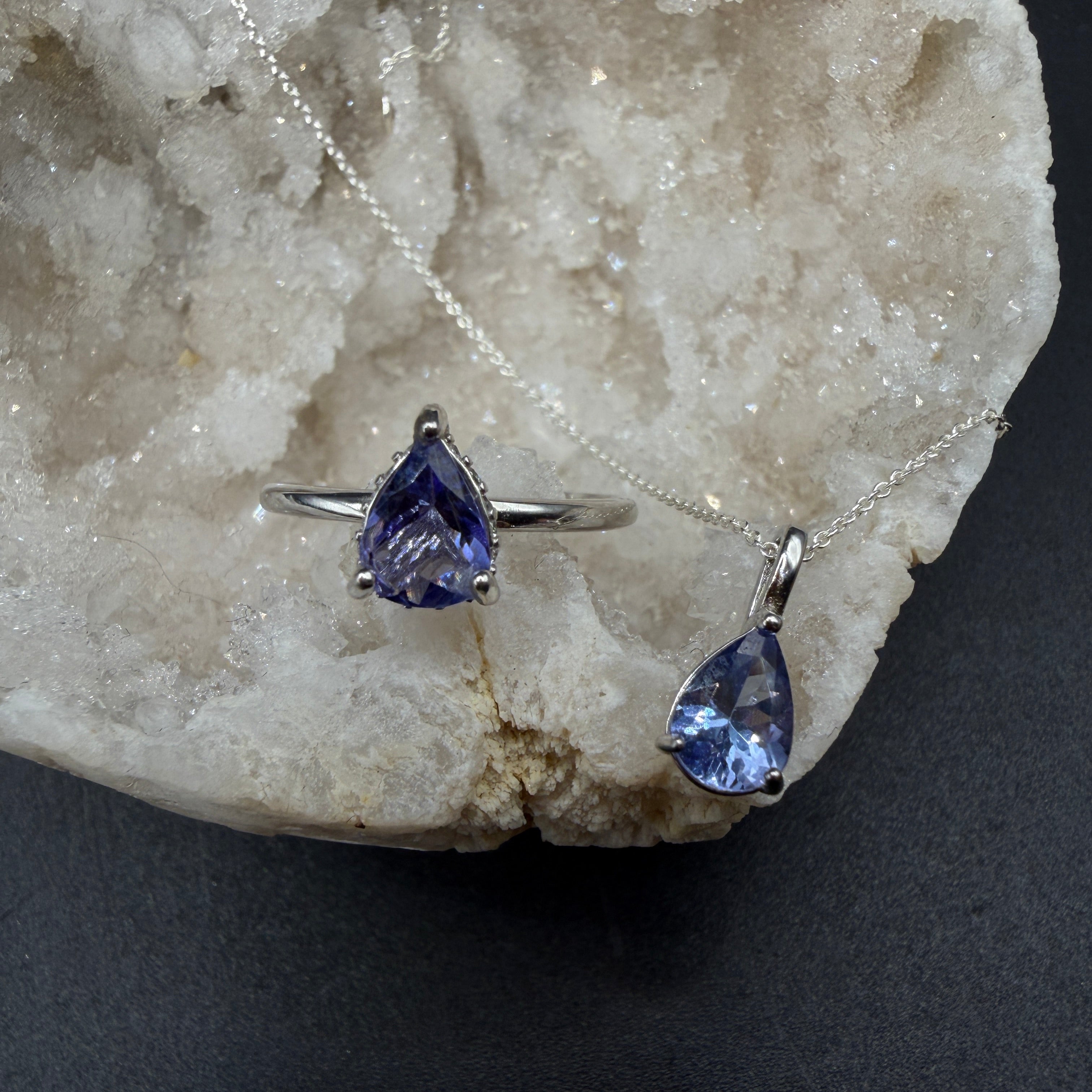 Tanzanite Teardrop Ring and Necklace S925 Certified Set