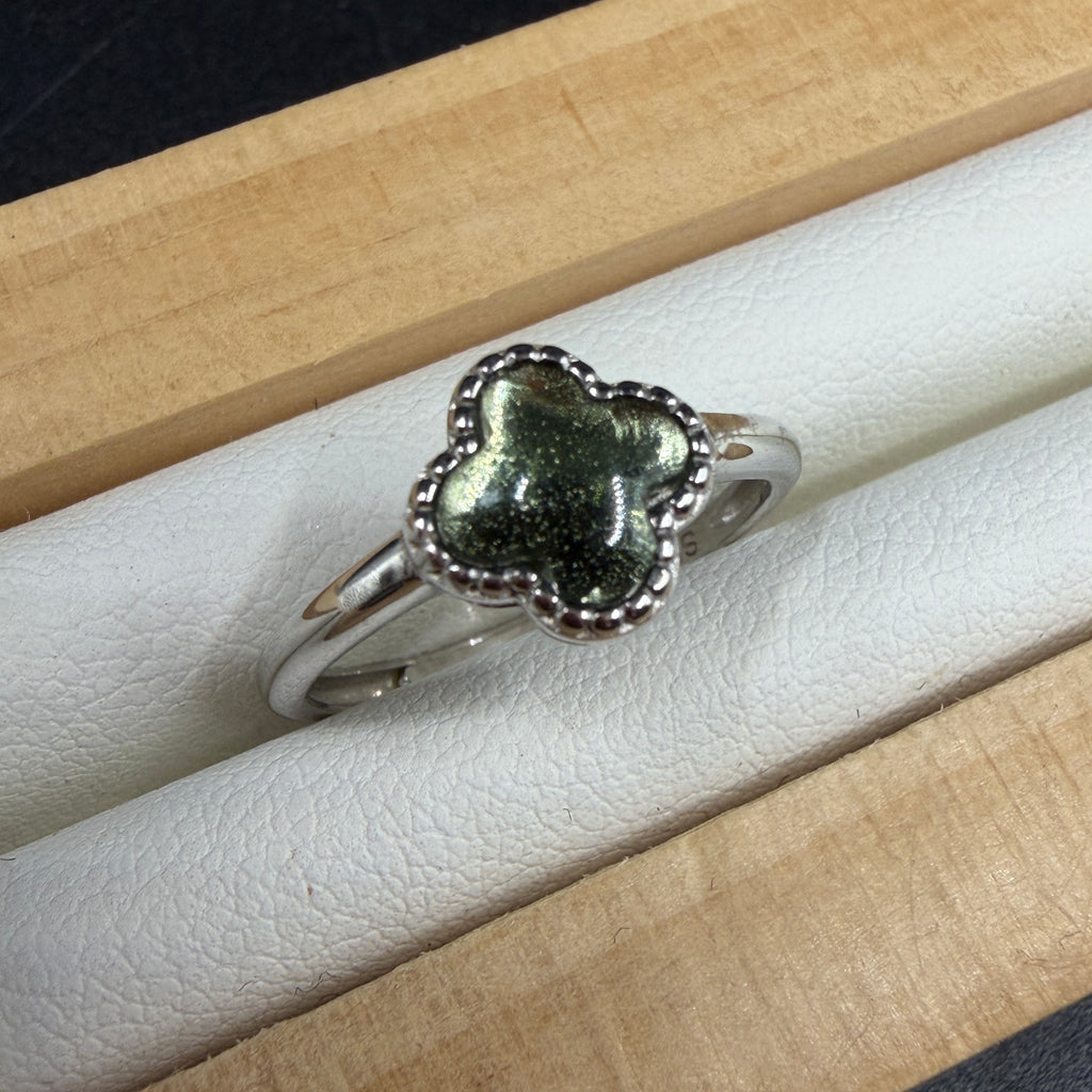 Moldavite Clover S925 Adjustable Certified Ring