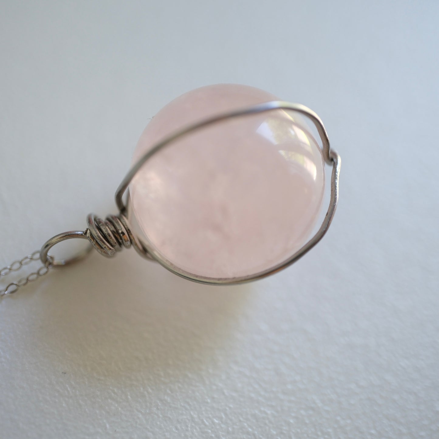 Rose Quartz Sphere Handmade Necklace on S925 Chain