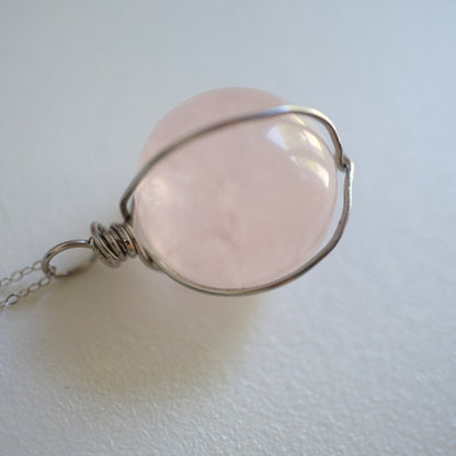 Rose Quartz Sphere Handmade Necklace on S925 Chain