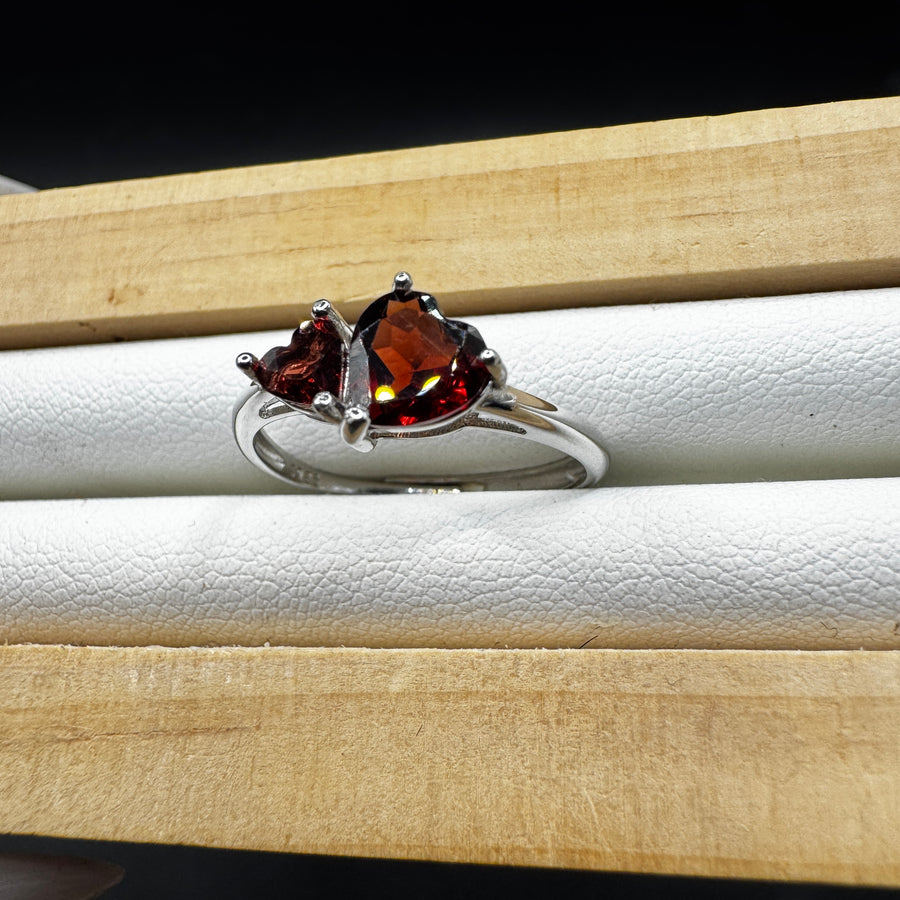 Garnet Double Heart S925 Adjustable Ring