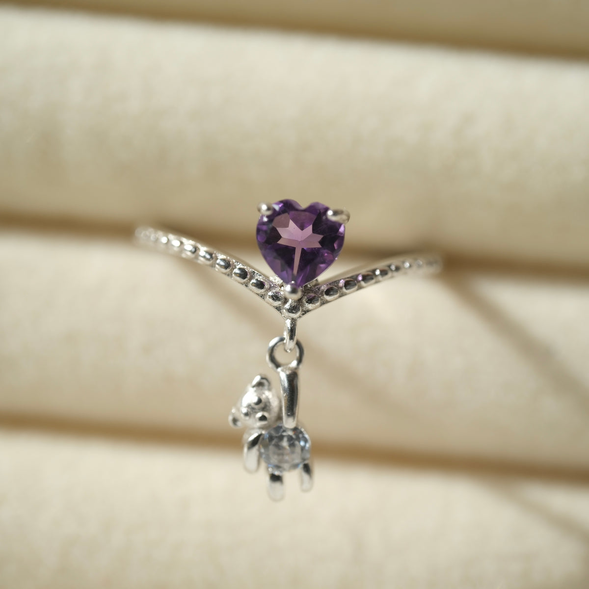 Amethyst Heart & Teddy S925 Adjustable Ring • Peace • Clarity • Spirituality