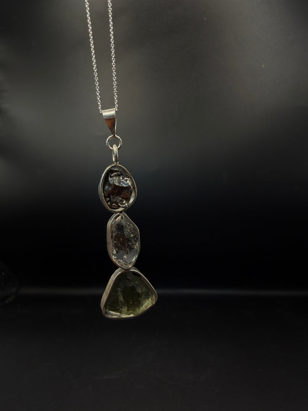 Moldavite Herkimer Diamond and Meteorite S925 Certified Necklace
