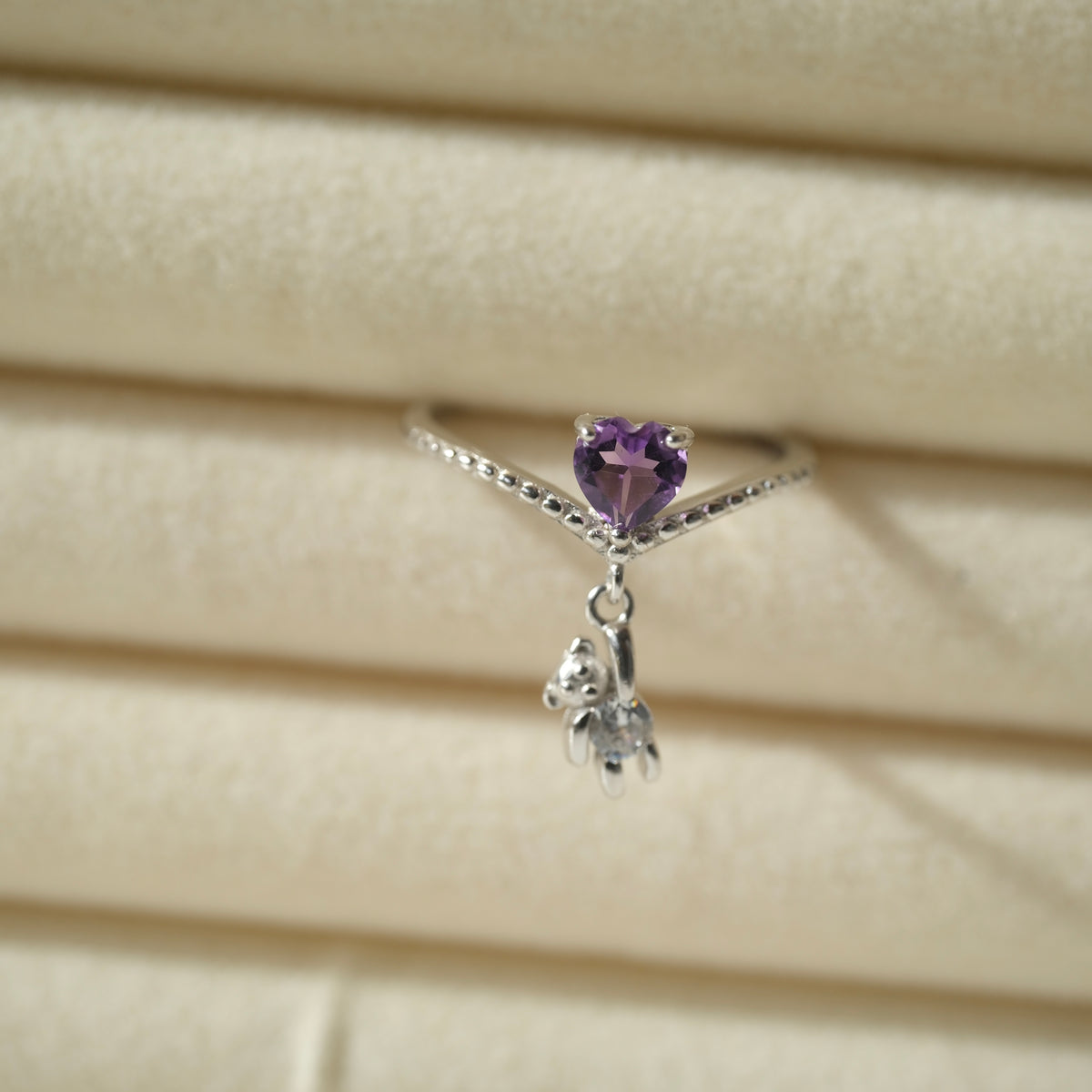 Amethyst Heart & Teddy S925 Adjustable Ring • Peace • Clarity • Spirituality