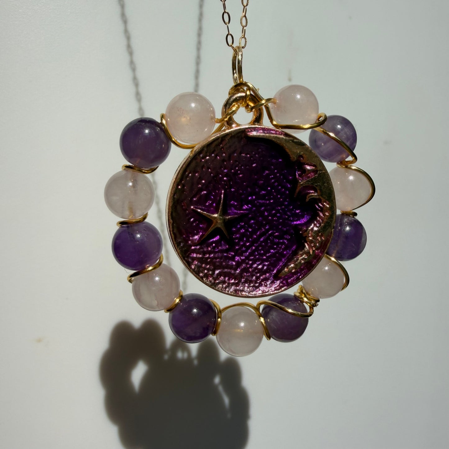 Moon Child Rose Quartz and Amethyst Handmade Necklace