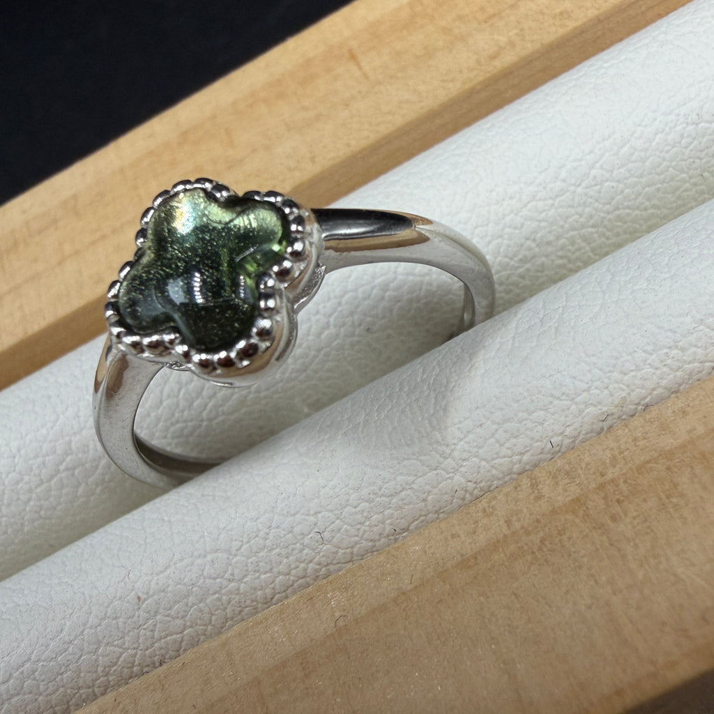 Moldavite Clover S925 Adjustable Certified Ring