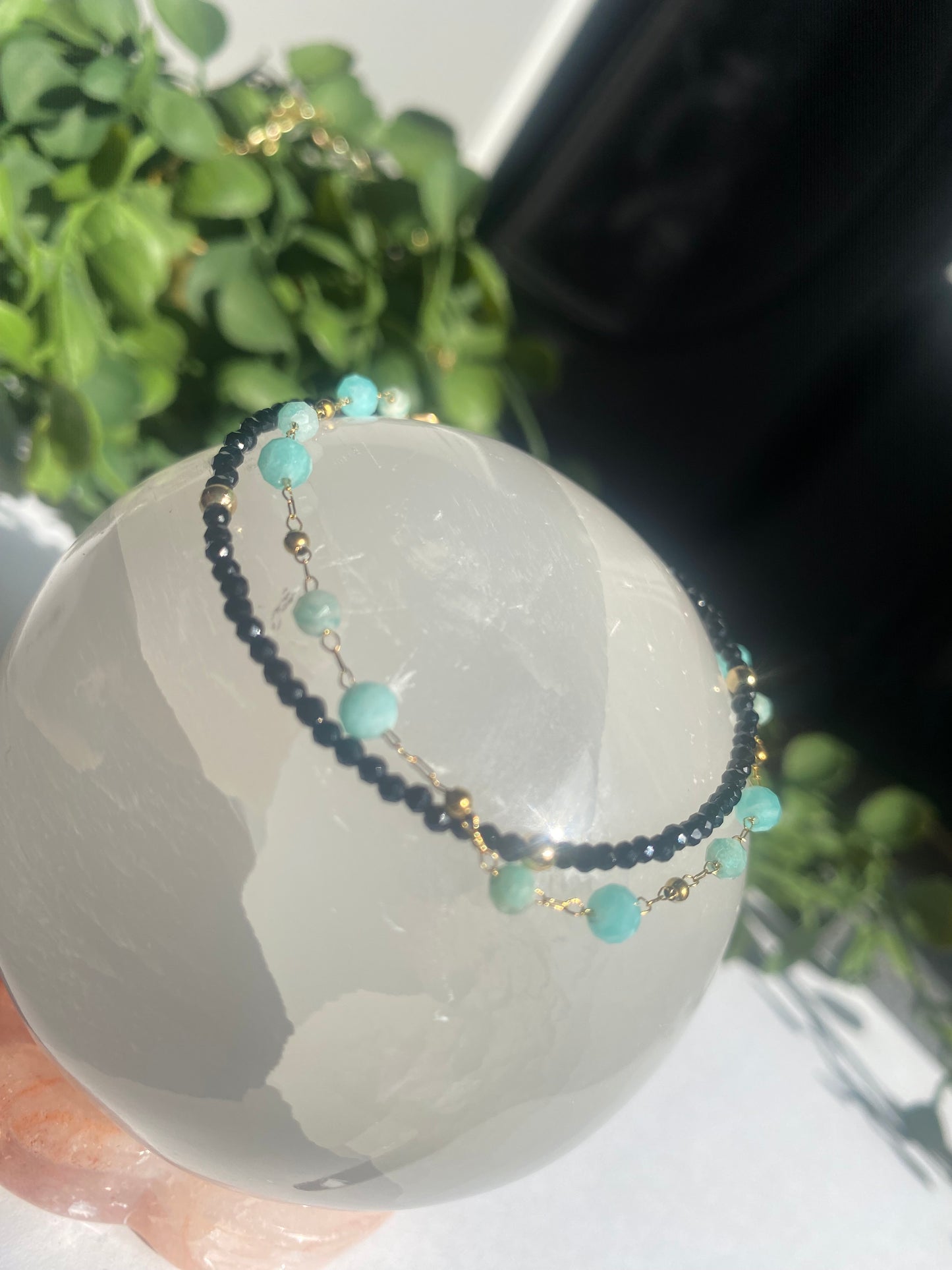 Black Tourmaline and Amazonite Anklet