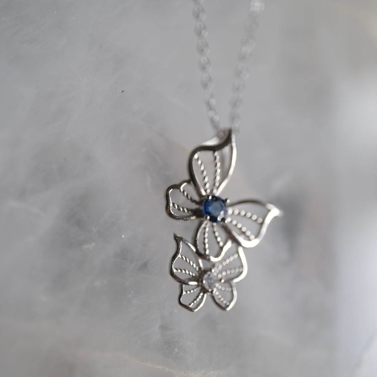 Sapphire and Clear Quartz Butterfly S925 Necklace