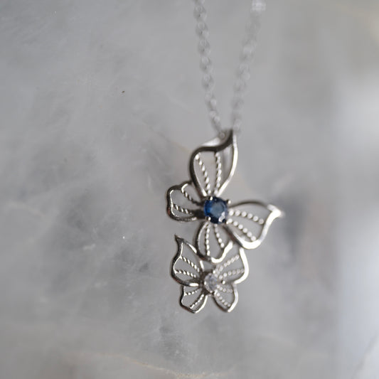 Sapphire and Clear Quartz Butterfly S925 Necklace