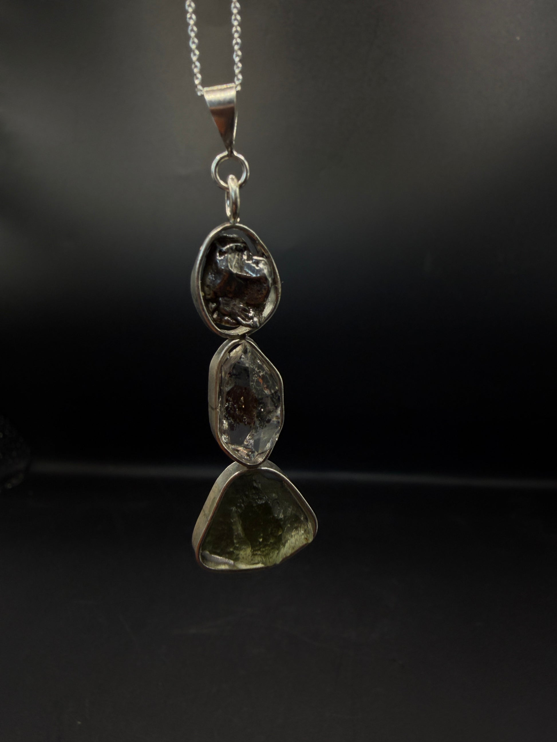 Moldavite Herkimer Diamond and Meteorite S925 Certified Necklace