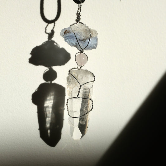 Handmade Lemurian Rose Quartz Blue Fluorite Necklace