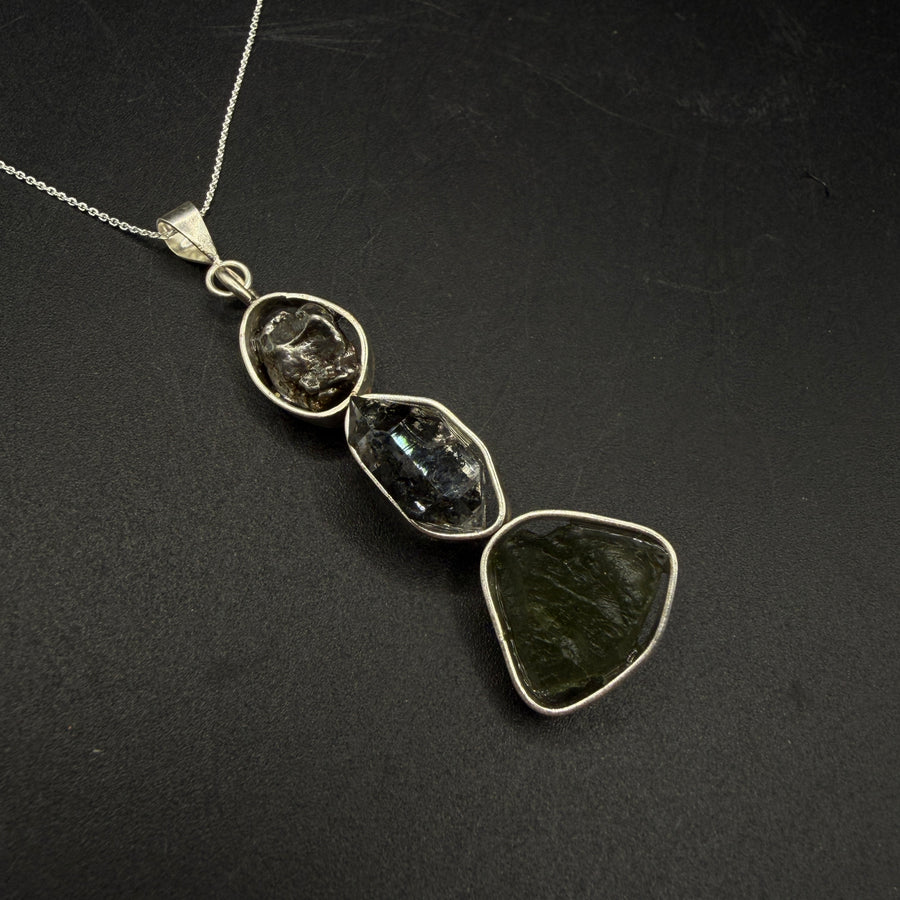 Moldavite Herkimer Diamond and Meteorite S925 Certified Necklace