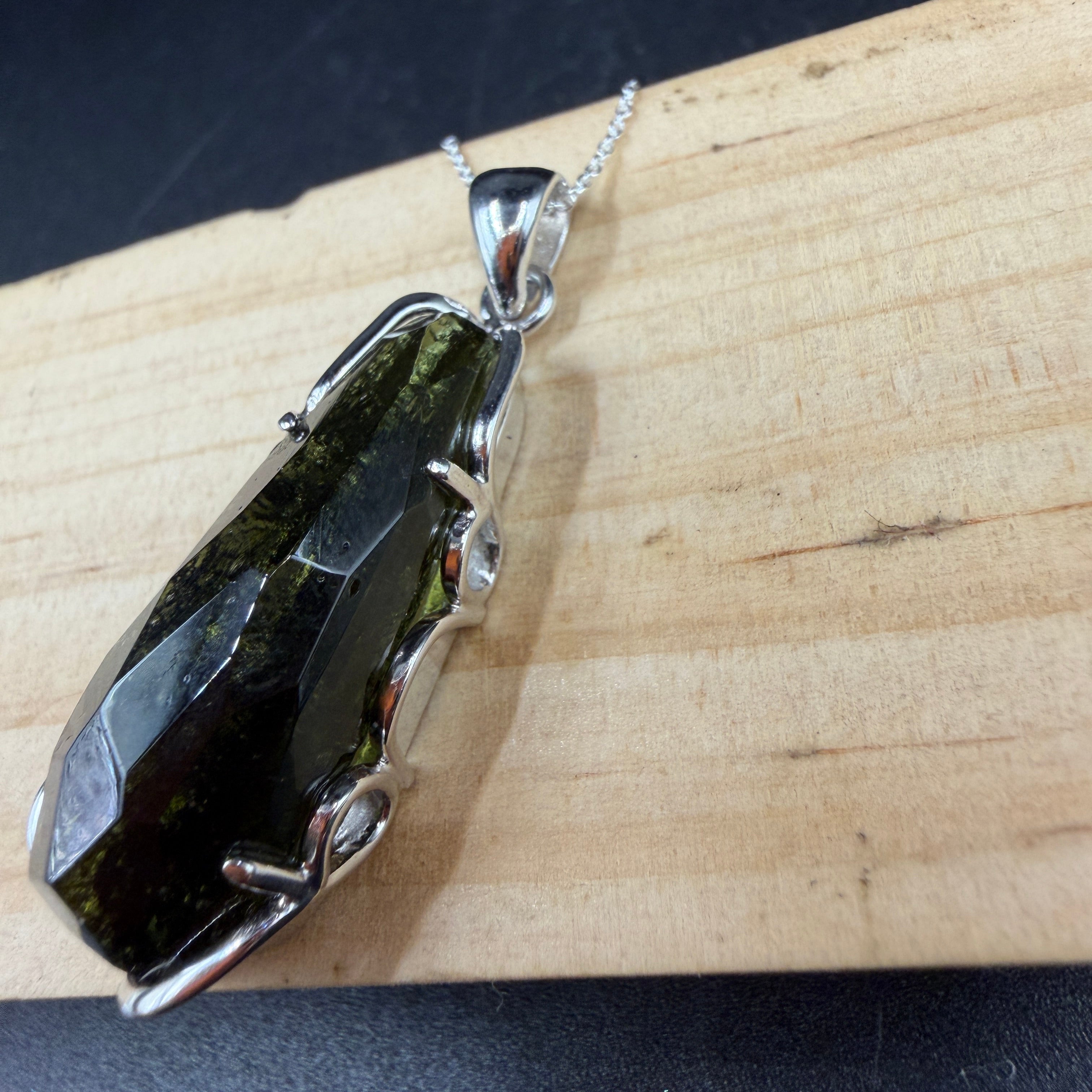 Large Moldavite Freeform S925 Certified Necklace
