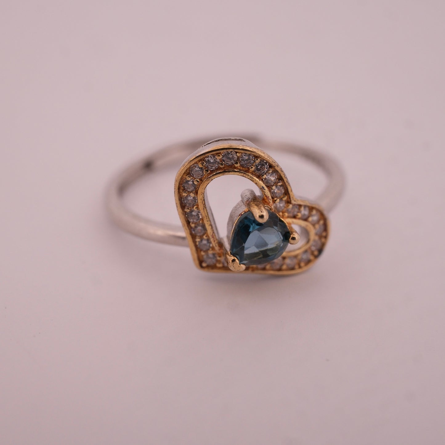 Gold and Silver Sapphire Heart S925 Adjustable Ring