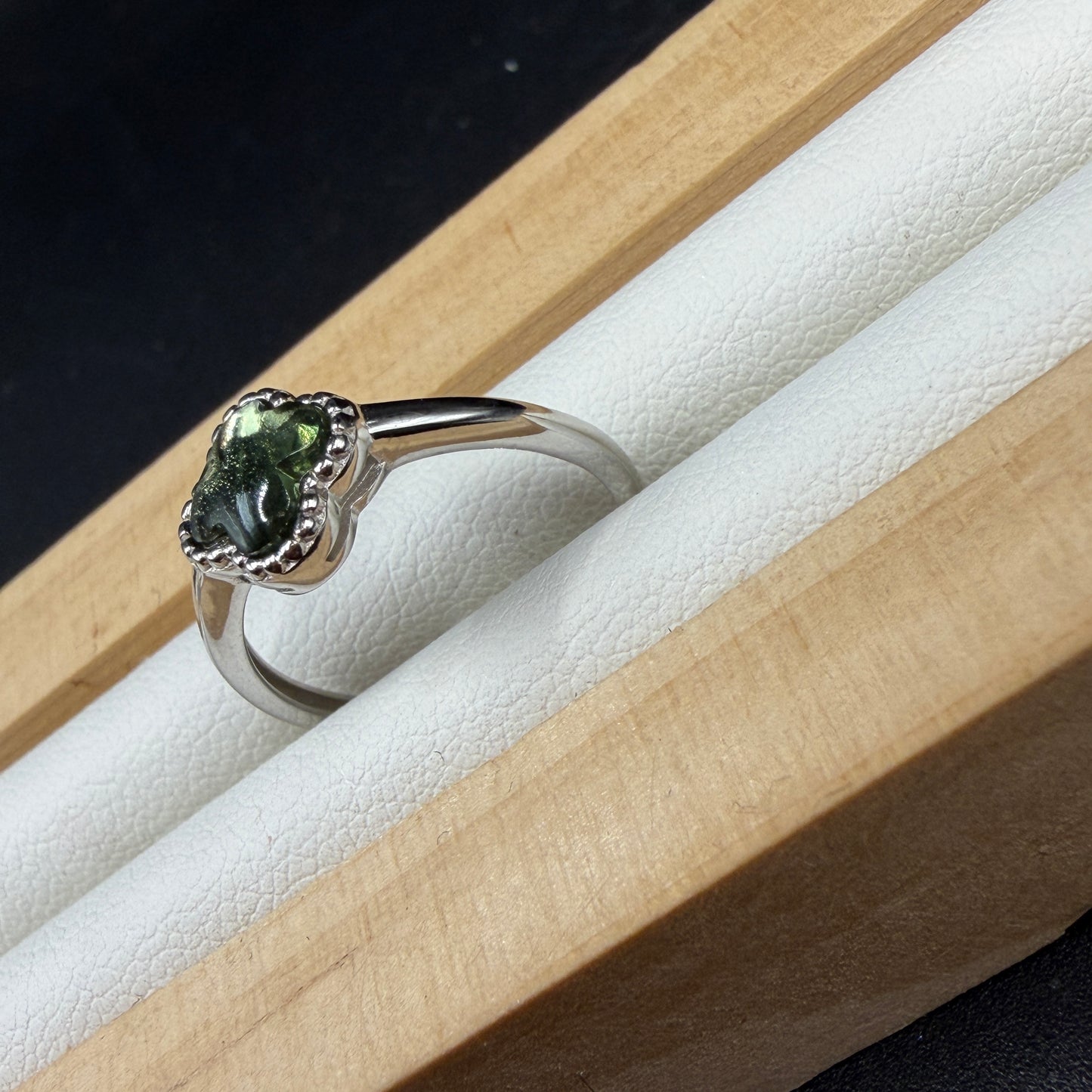 Moldavite Clover S925 Adjustable Certified Ring
