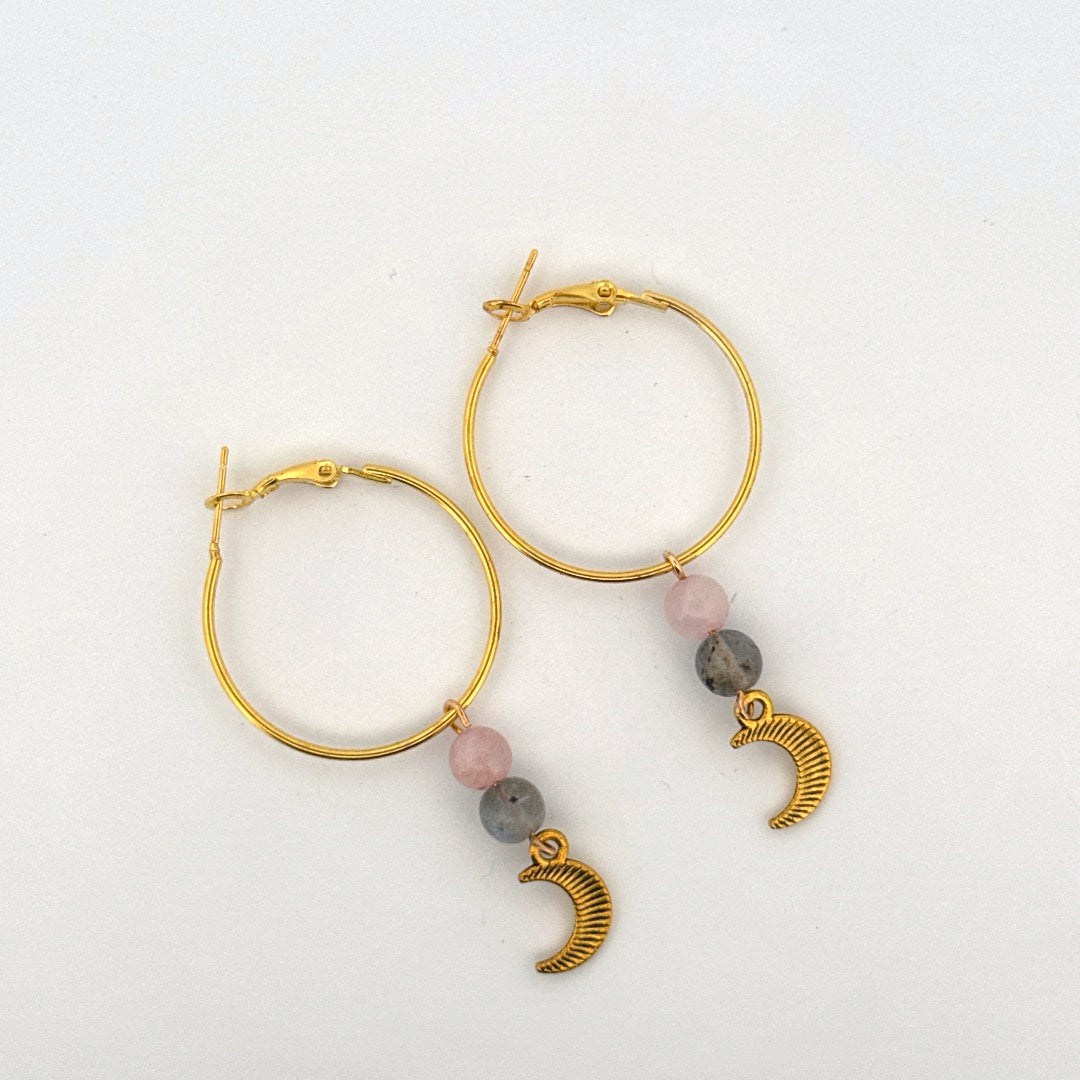 Rose Quartz and Labradorite Moon Handmade Hoop Earrings