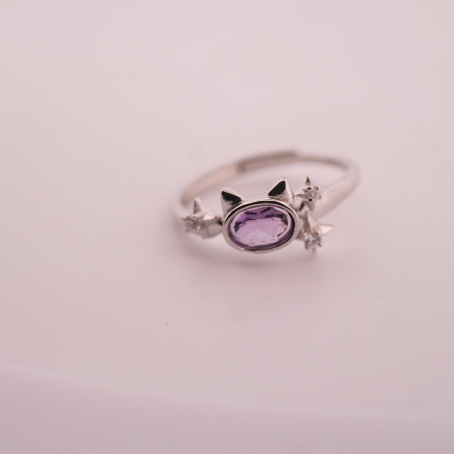 Amethyst Cat and Star S925 Adjustable Ring