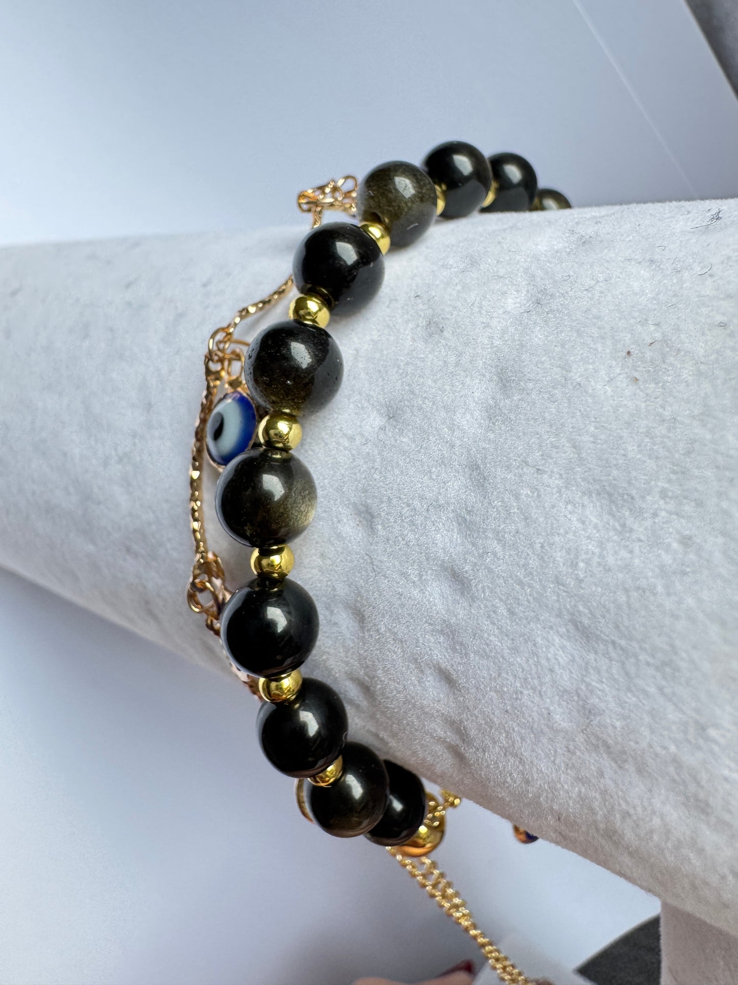 Golden Sheen Obsidian Evil Eye Double Bracelet