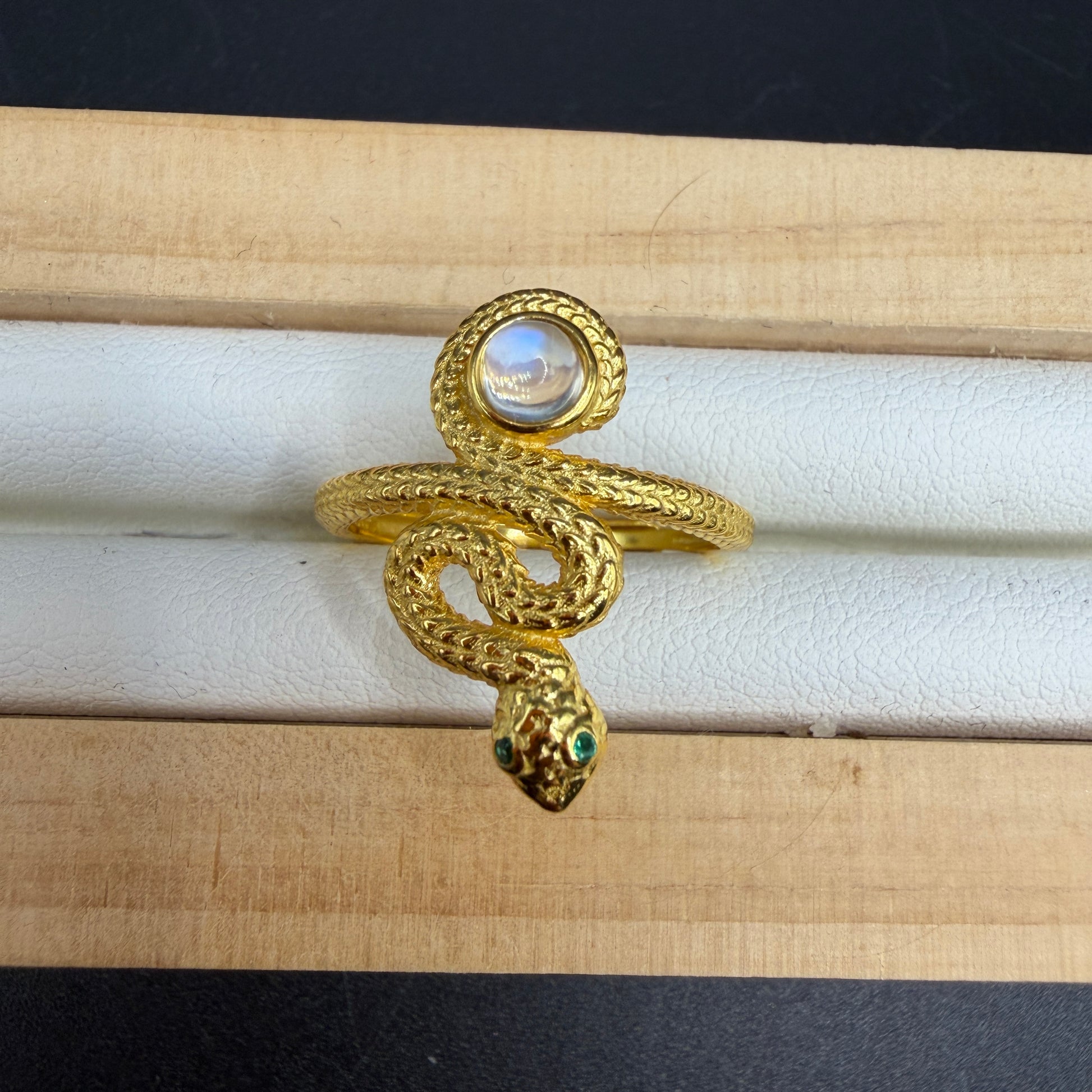 Moonstone Snake S925 Adjustable Gold Played Ring