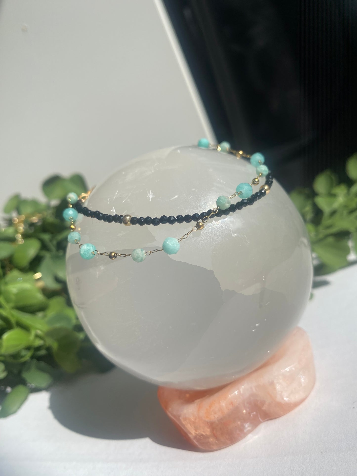 Black Tourmaline and Amazonite Anklet