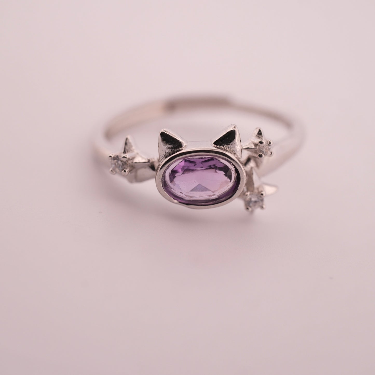 Amethyst Cat and Star S925 Adjustable Ring