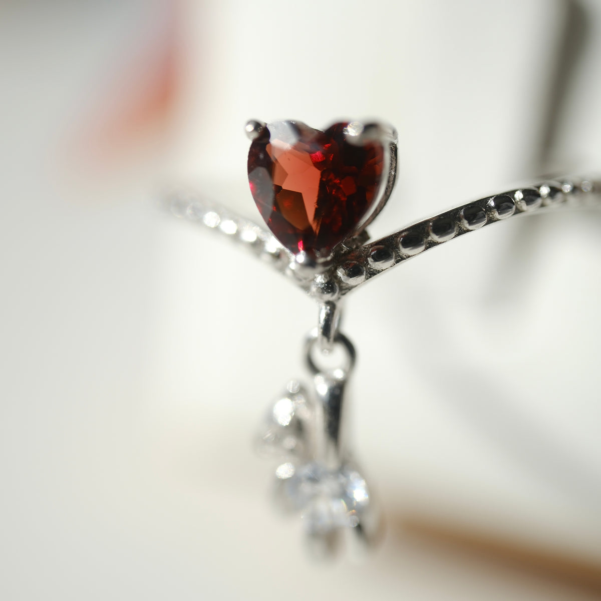 Garnet Heart & Text Teddy S925 Adjustable Ring • Courage • Passion • Confidence
