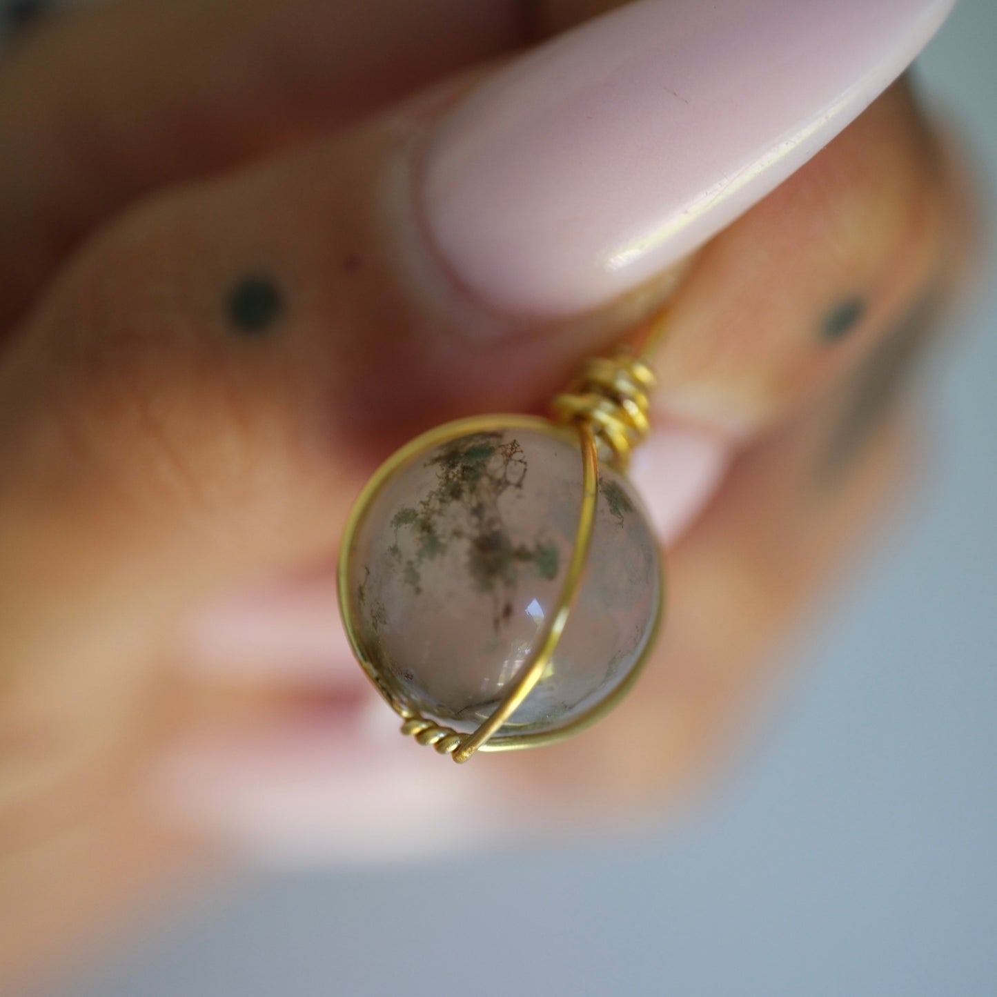 Moss Agate Sphere Handmade Gold Necklace on S925 Chain