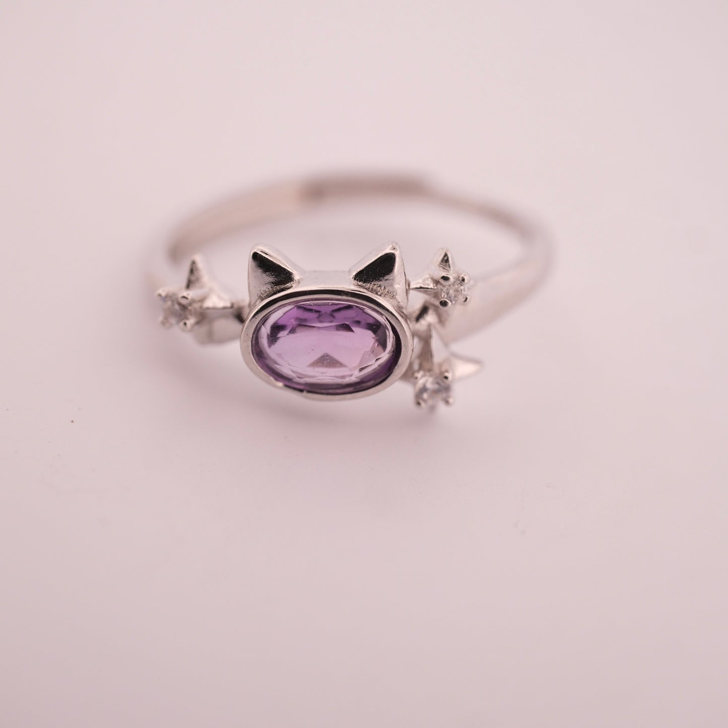Amethyst Cat and Star S925 Adjustable Ring